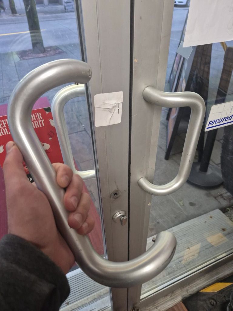 Aluminum storefront door with brushed ladder pull handles and a narrow-stile mortise lock